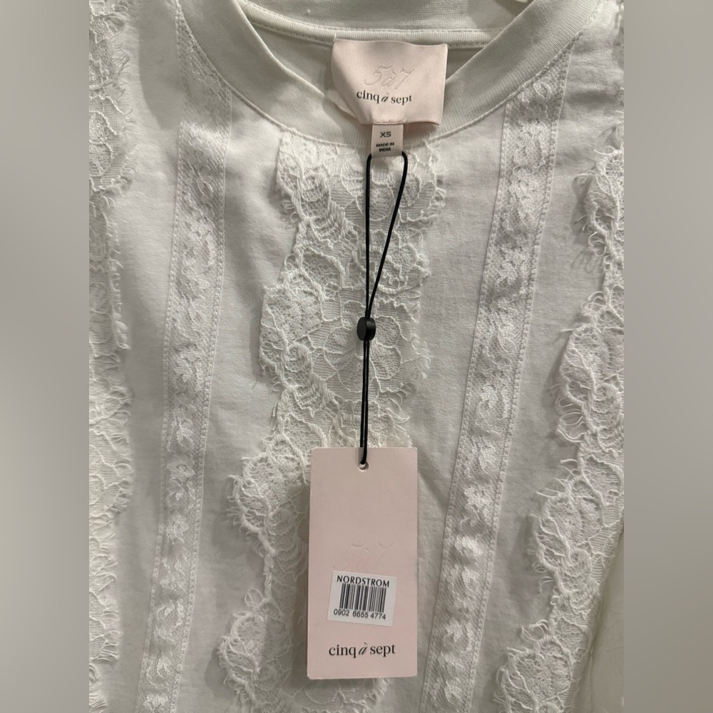 NWT Cinq à Sept White Lace Stefania Trim Shirt 3/4 Sleeve Blouse Size XS - Picture 7 of 12